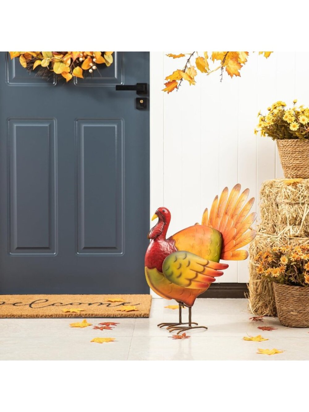 Thanksgiving Metal Turkey Porch Decor - Rustic Hand-Painted Farmhouse Statue for